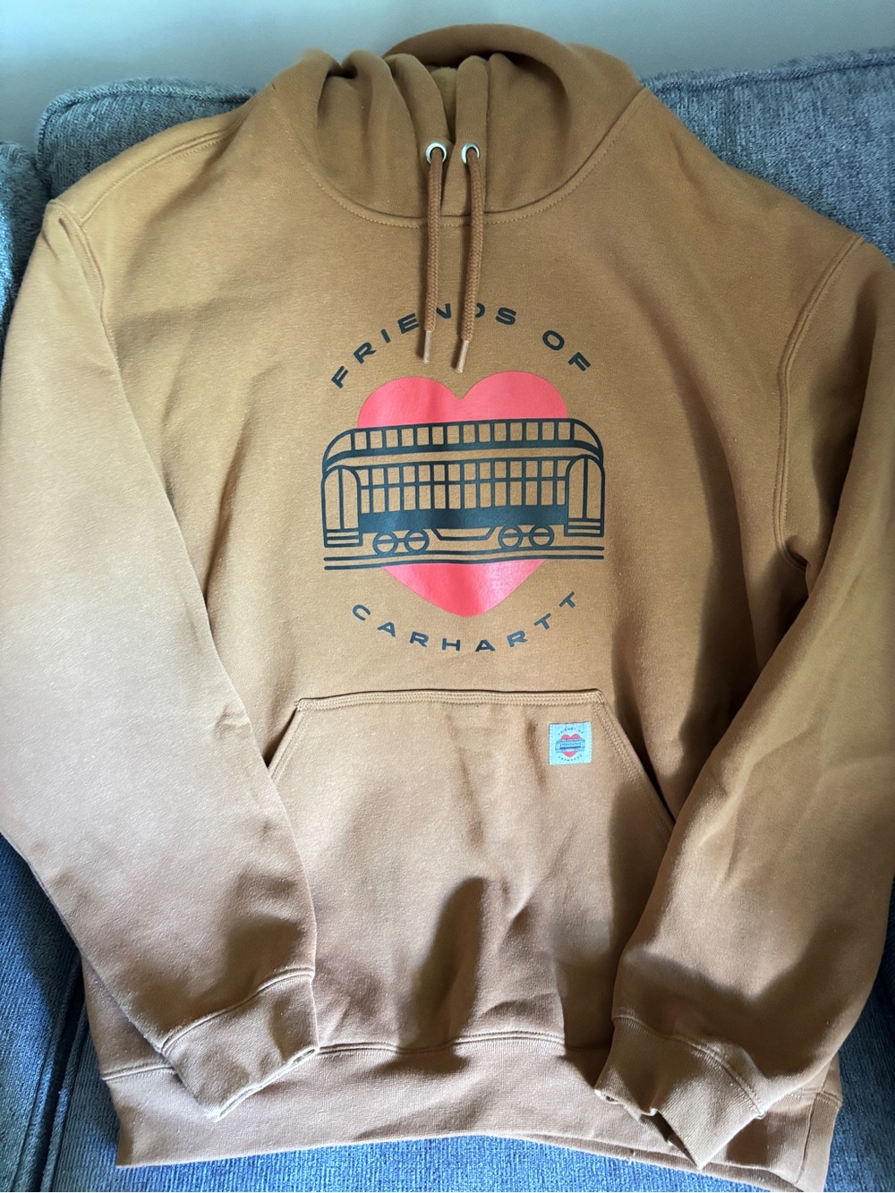 Carhartt Tan/Brown Hooded Sweatshirt with Small Black Logo